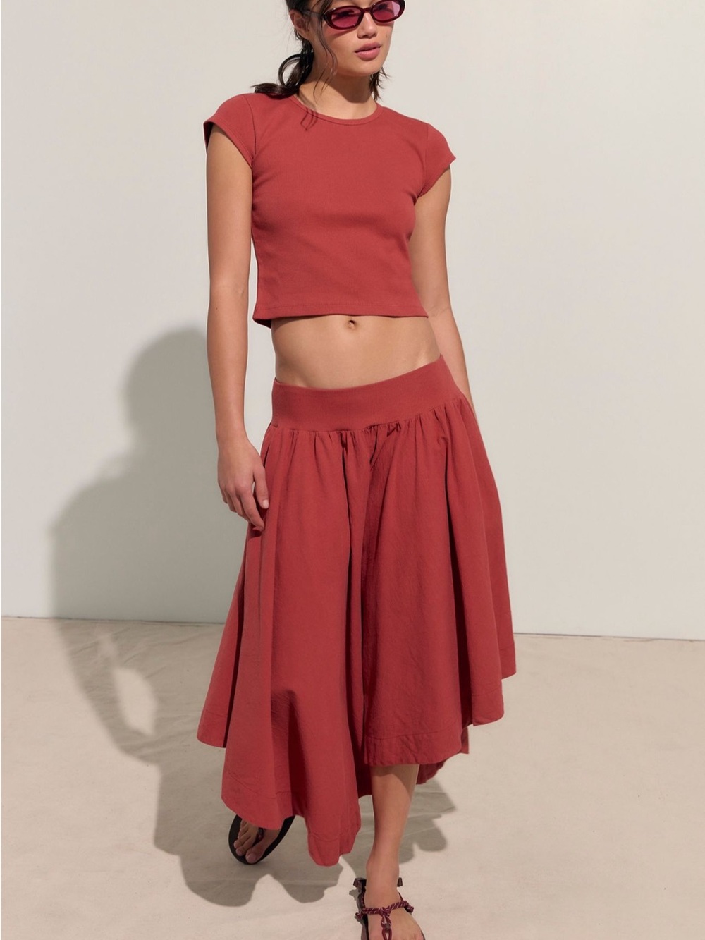 Free People Rust Red Maxi Skirt Set with Gathered Waist and cropped top
